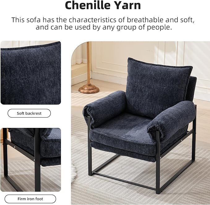 YISHENG Accent Chair with 6-Angle Adjustable Backrest, Fabric Living Room Chair Upholstered Lounge Chair, Modern Chair Cozy Reclining Chair for Reading Room, 1PC Dark Blue