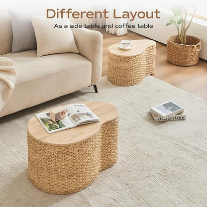Cloud Nesting Coffee Table Set of 2 with Storage - Handwoven Wicker Rattan Ottoman Style, Boho Coastal Coffee Tables for Living Room, Rattan Coffee Table with Cover & Soild Wood Frame