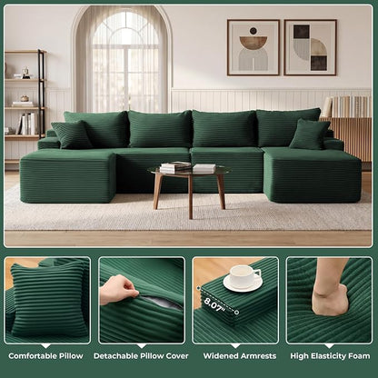Mangodan 118'' Cloud Sectional Couch, U Shaped Boneless Couches for Living Room, Modular Sectional Sofa with Deep Seat Right Facing Chaise, Comfy Cloud Couch Sofa, Green