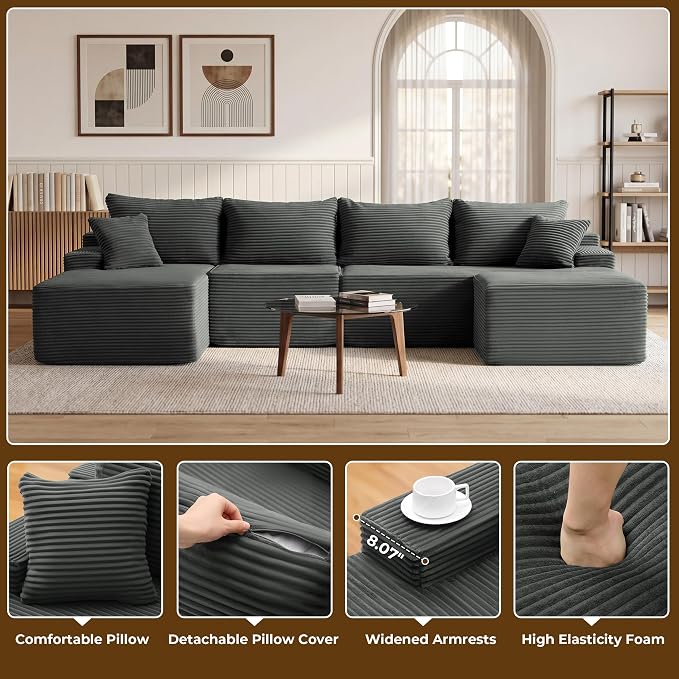 Mangodan 118'' Cloud Sectional Couch, U Shaped Boneless Couches for Living Room, Modular Sectional Sofa with Deep Seat Light Facing Chaise, Comfy Cloud Couch Sofa, Gray
