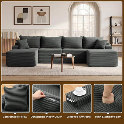 Mangodan 118'' Cloud Sectional Couch, U Shaped Boneless Couches for Living Room, Modular Sectional Sofa with Deep Seat Light Facing Chaise, Comfy Cloud Couch Sofa, Gray