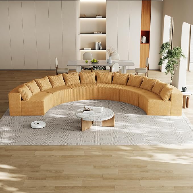 KEIKI Corduroy Curved Sectional Sofa, 6 Seater Symmetrical Modular Semi Circular Couch, Deep Seat Tufted Corner Sofa for Living Room, Lobby, Yellow