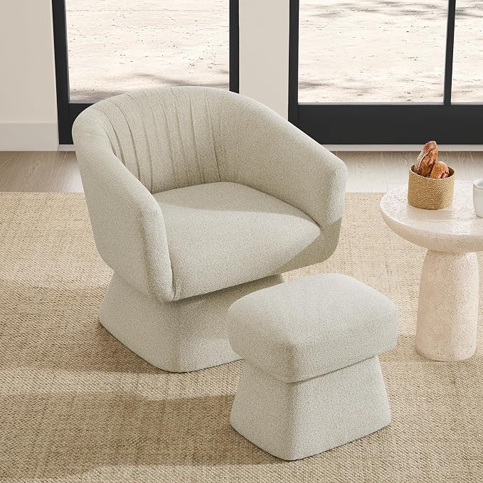 Zerel's Home Swivel Accent Chair with Ottoman, Upholstered Barrel Accent Chair, Modern Accent Chair with Pleated Backrest and Arms, Boucle Armchair for Living Room Bedroom, Sand