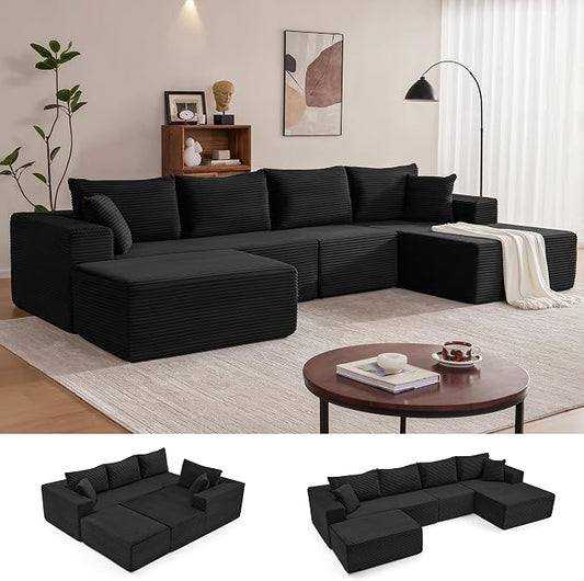 Mangodan 140” Cloud Sectional Couch, Boneless Sofa for Living Room, Modular Sectional Sofa with Deep Seat, Comfy Fluffy U-Shaped Couch with Right-Facing Chaise, No Assembly Required, Black