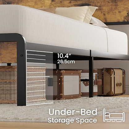 LIKIMIO King Size Bed Frame, Platform Bed with 2-Tier Storage Headboard | Metal Bed Frame, Solid and Stable, Noise Free, No Box Spring Needed, Easy Assembly, Durable, Industrial Brown
