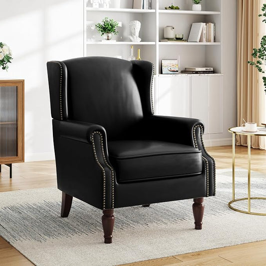 Pia Ricco High Back Floral Accent Chair - Retro Wingback Upholstered Armchair in Faux Leather, Nailhead Trim & Solid Wood Legs for Living Room Bedroom Reading Chair（Black