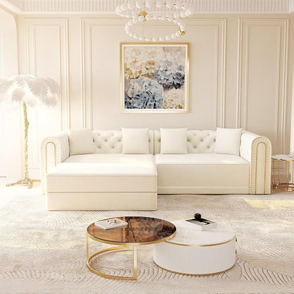 90.6'' Velvet Folding Floor Sofa Bed - 3-in-1 Convertible Sleeper Couch with Ottoman, Button Tufted Gold Edge Trim Chesterfield Sofa, Pull-Out King Size Couch Bed for Apartments, Living Room, Beige | 3-in-1 Convertible