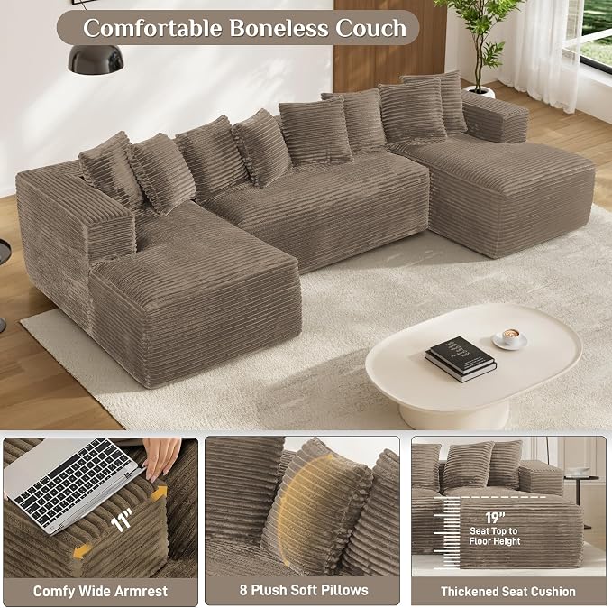 131" Oversized U Shaped Cloud Sectional Couches for Living Room, Comfy Fluffy Corduroy Brown Boneless Sectionals Couch, Plush Memory Foam Modular Sectional Sofa with Chaise- 19" Seat Height