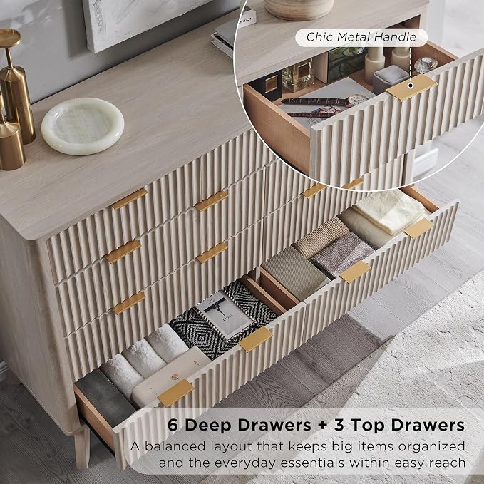 T4TREAM Fluted 9 Drawers Dresser, 54" Wide Modern Chest of Drawers, Curved Profile Design, Dresser TV Stand, Wood Drawer Organizer for Bedroom, Living Room, Hallway, White Alder