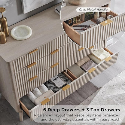 T4TREAM Fluted 9 Drawers Dresser, 54" Wide Modern Chest of Drawers, Curved Profile Design, Dresser TV Stand, Wood Drawer Organizer for Bedroom, Living Room, Hallway, White Alder