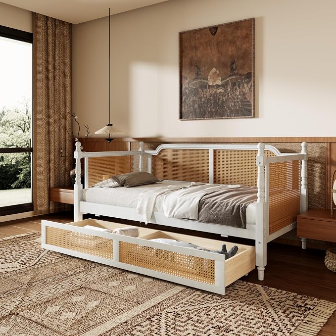 Merax Twin Size Rattan Bed Frame with 2 Storage Drawers, Wood Bedframe Daybed for Bedroom, Guest Room, Limited Spac, No Box Spring Needed, Antique White