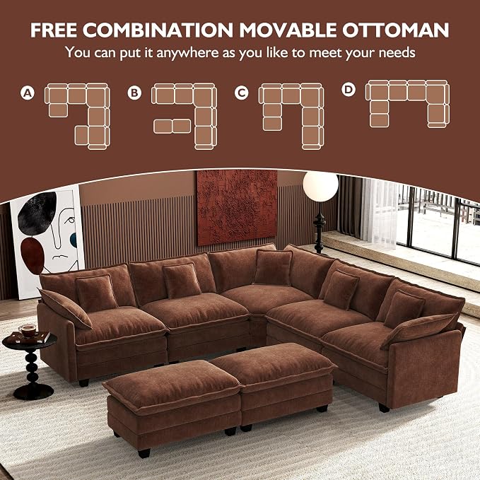 Ihanherry 114" V-Shaped Modern Sofa Modular Sectional Luxurious and Comfortable with 2 Ottoman, 7-Seat Chenille Deep Seat Sofa with Corner Section for Living Room, Bedroom and Apartment, Brick Red