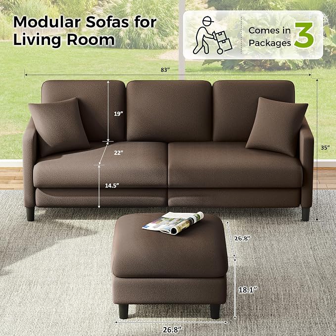 Welzona 83" Couches for Living Room, Teddy Sofa Couch with Storage Ottoman, L Shaped Couch with Movable Ottoman, Tool-Free Modular Sectional Sofa, All-Wood Sofas for Living Room 2 Pillows, Khaki
