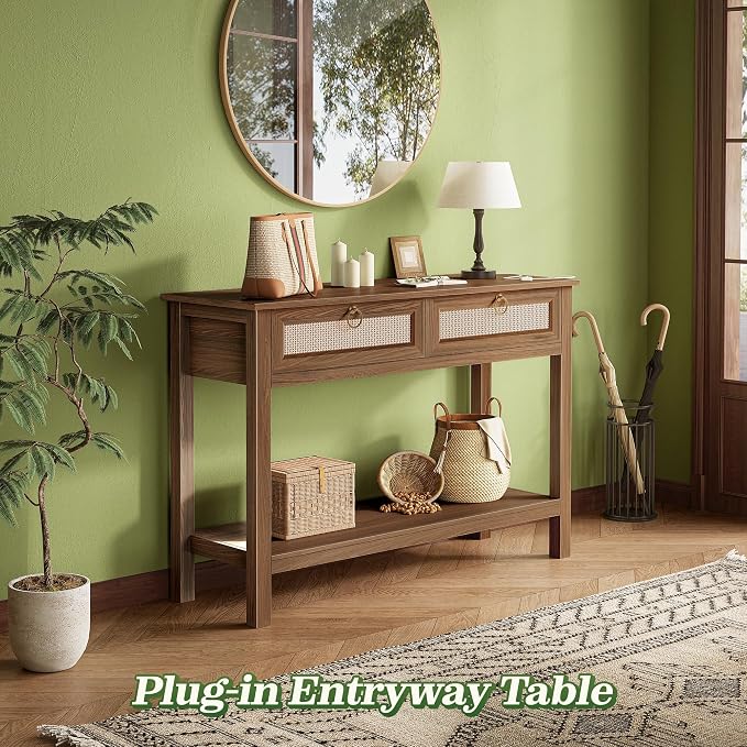 SUPERJARE Rattan Console Sofa Table with Outlets and USB-C Port, 2 Drawer Entryway Table with Synthetic Rattan Surface, 39 Inch, Open Shelf, Behind Couch Entry Foyer Hallway Storage, Brown