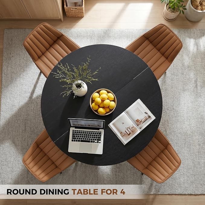 Miereirl 47.3 Inch Round Dining Table Set for 4, Round Kitchen Table with Chairs, Space Saving Dining Room Table Set with Storage Shelf for Apartment Kitchen Dining Room, Black Table+4 Brown Chairs