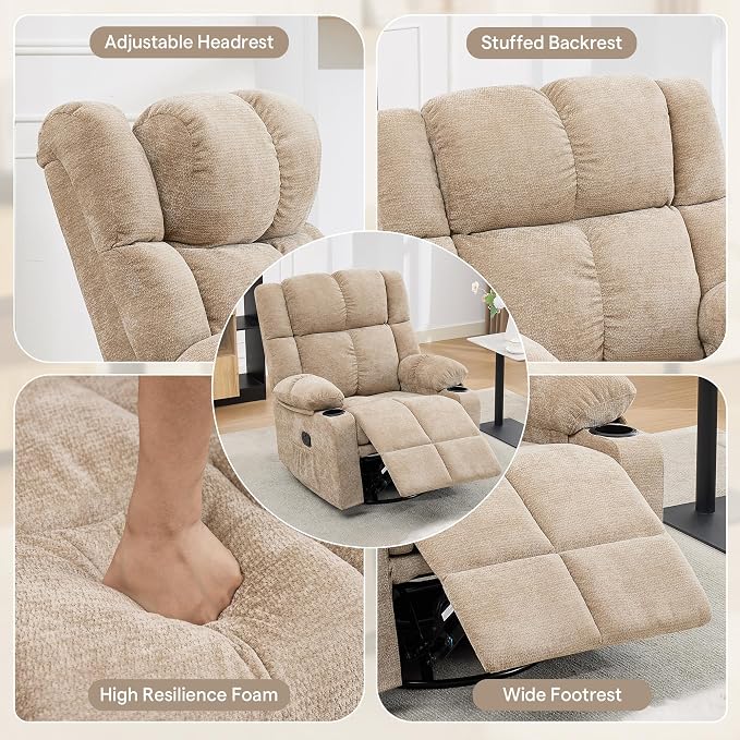 Swivel Rocker Recliner,Rocking Recliner with Adjustable Headrest | Upholstered Fabric Swivel Rocking Chair for Bedroom,Living Room,Brown
