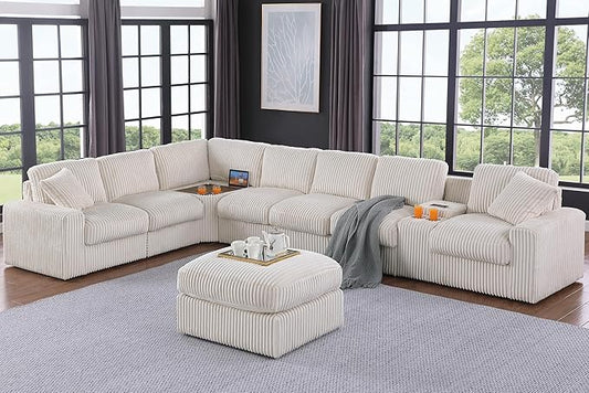 Ball & Cast 157" Oversized Modular Sectional Sofa L-Shaped,Large Corduroy Upholstered Couch 8 Seat with Ottoman,Cup Holders & USB Ports,Comfty Sectionals W/Pillows & Storage Box,for Living Room,Beige