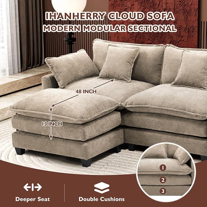 Ihanherry 111.4" L Shaped Modern Sofa Modular Sectional Luxurious and Comfortable with Ottoman, 4-Seat Chenille Deep Seat Sofa with Pillow for Living Room, Bedroom and Apartment, Sand
