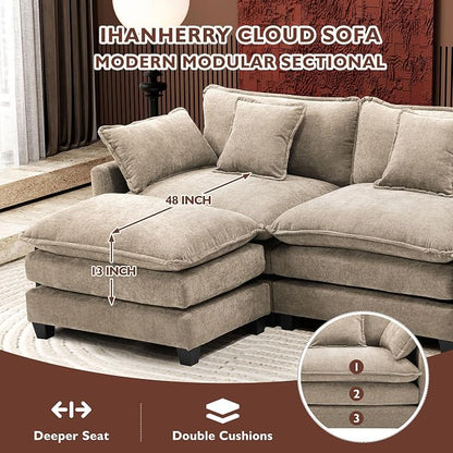 Ihanherry 111.4" U Shaped Modern Sofa Modular Sectional Luxurious and Comfortable with 2 Ottoman, 5-Seat Chenille Deep Seat Sofa with Pillow for Living Room, Bedroom and Apartment, Sand