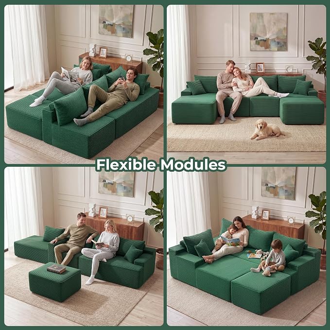 Mangodan 118'' Cloud Sectional Couch, U Shaped Boneless Couches for Living Room, Modular Sectional Sofa with Deep Seat Light Facing Chaise, Comfy Cloud Couch Sofa, Green