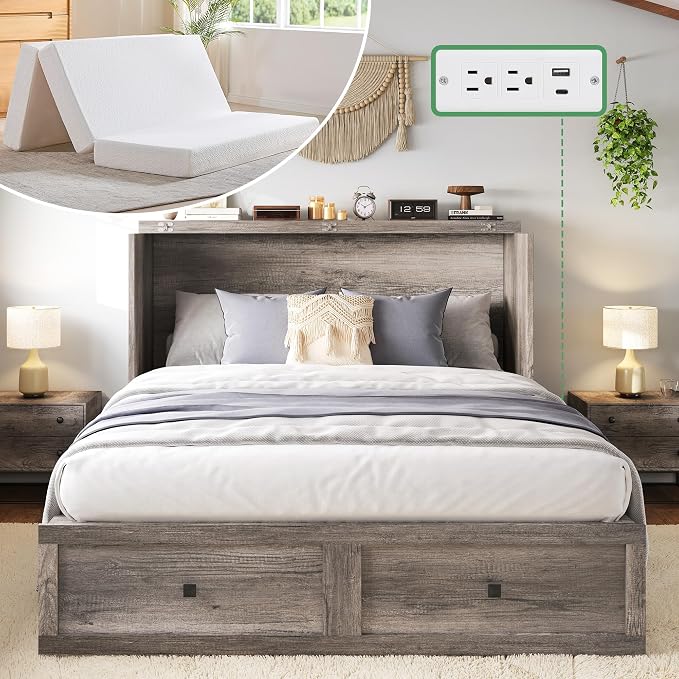 AMERLIFE Queen Murphy Bed Cabinet with 6" Tri-Fold Memory Foam Mattress, Storage Drawer & Charging Station, Space-Saving Guest Bed for Home Office, Rustic Grey