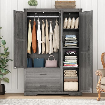 Hlivelood 3 Doors Wardrobe Armoire Closet with Doors and Drawers, Farmhouse Wooden Armoire Storage Cabinet with Shelves & Hanging Rod for Bedroom, Grey