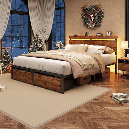Forestell Queen Bed Frame with Wood Headboard, Metal Platform Bed with 2 Storage Drawers & Shelf, Built-in Charging Station & LED Lights, No Box Spring Needed, Vintage Brown, Cama Queen Size