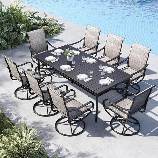 MFSTUDIO Outdoor Dining Set for 8, Patio Table and Chairs Set with Umbrella Hole, 9 Piece Patio Furniture Dining Set for Deck Yard Poolside | Rectangular metal table & swivel chairs, Umbrella hole, for deck garden poolside, All weather reistant