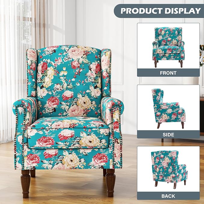 High Back Floral Accent Chairs Set of 2, Upholstered Armchair in Fabric, Retro Printed Wingback Arm Chair for Living Room, Nailhead Trim Single Sofa Bedroom Reading Seat - Peacock Blue