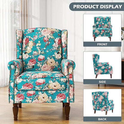 High Back Floral Accent Chairs Set of 2, Upholstered Armchair in Fabric, Retro Printed Wingback Arm Chair for Living Room, Nailhead Trim Single Sofa Bedroom Reading Seat - Peacock Blue