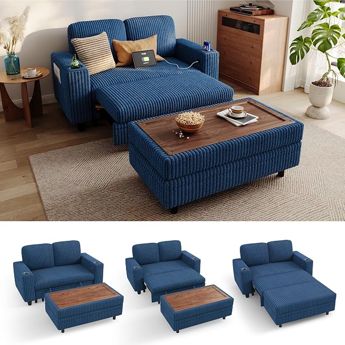 LINSY HOME Sectional Sleeper Sofa with Pull Out Couch Bed for Living Room (Blue) | Plush Corduroy