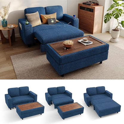 LINSY HOME Sectional Sleeper Sofa with Pull Out Couch Bed for Living Room (Blue) | Plush Corduroy