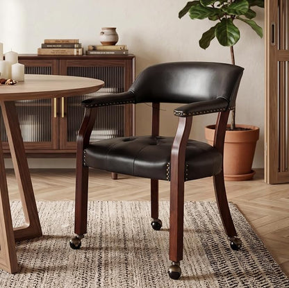 LEEMTORIG Large Dining Chairs with Casters and Arms, Rolling Dining Chairs with Wheels, Accent Game Chairs Boss Caption's Chairs, 26" D x 25.2" W x 31.5" H, Cherry Legs & Black SY-1533-BK