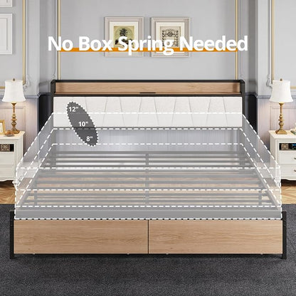 LIKIMIO California King Size Bed Frame with 2 Drawers and Charging Station | Platform Bed with Upholstered Storage Headboard, No Box Spring Needed, Easy Assembly, Sturdy, Wood and Cream