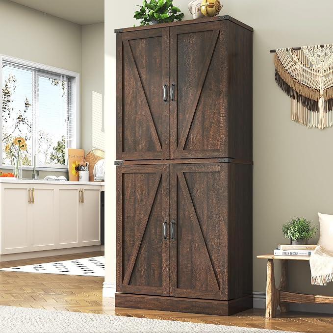71" Tall Kitchen Pantry Cabinet, Farmhouse Tall Kitchen Storage Cabinet with Adjustable Shelves & 4 Barn Style Doors, Wooden Storage Cabinet for Kitchen, Dining Room, Living Room, Bathroom, Office