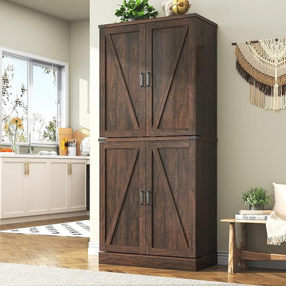71" Tall Kitchen Pantry Cabinet, Farmhouse Tall Kitchen Storage Cabinet with Adjustable Shelves & 4 Barn Style Doors, Wooden Storage Cabinet for Kitchen, Dining Room, Living Room, Bathroom, Office