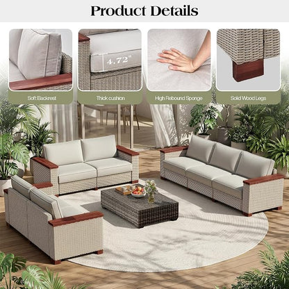 PaPaJet Outdoor Patio Sofa, 3 Seat Wicker Couch with Solid Armrests & Legs, 4.7" Thickened Removable Cushions, UV-Resistant Modular Sofa for Porch, Backyard, Garden