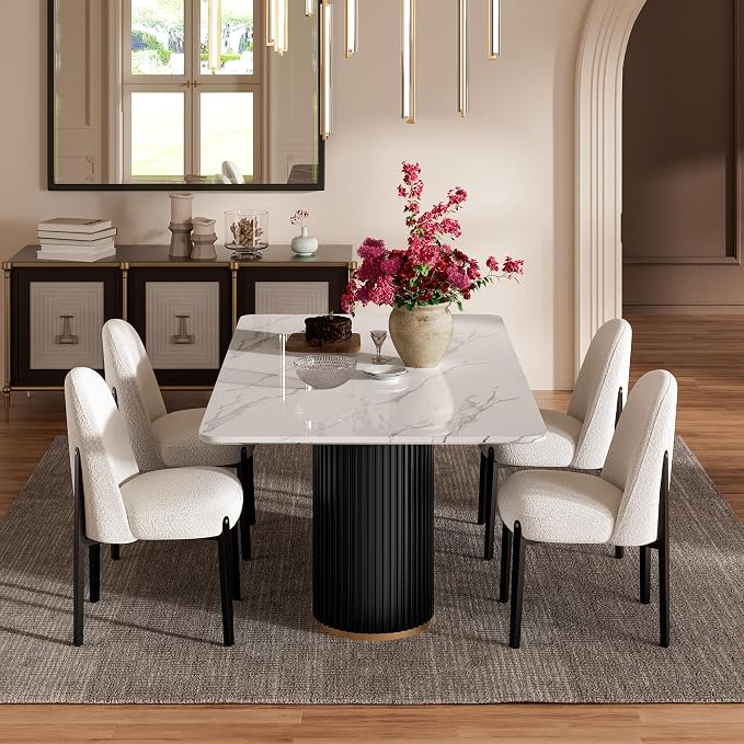 Morden Fort Marble Dining Table for 6, 70" Modern Dining Table with Black Fluted Base and White Faux Marble Top, Kitchen Table with Gold Trim for Ktichen, Reception and Conference