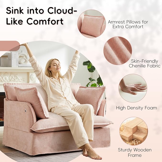 ERYE 47" Chenille Upholstered Accent Chair Wide Seat Armchair for Living Room Bedroom, Modern Upholstered Armchair W/ 2 Pillows and USB-C Ports for Home Apartment Office