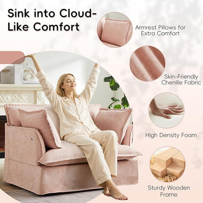 ERYE 47" Chenille Upholstered Accent Chair Wide Seat Armchair for Living Room Bedroom, Modern Upholstered Armchair W/ 2 Pillows and USB-C Ports for Home Apartment Office