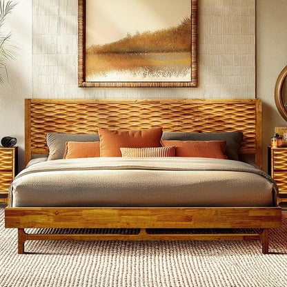 Acacia Elara King Platform Bed Frame – Mid-Century Modern Style, Carved Headboard, Solid Wood, Caramel Finish, No Box Spring, 800lbs Support, Easy Assembly with Tools Included