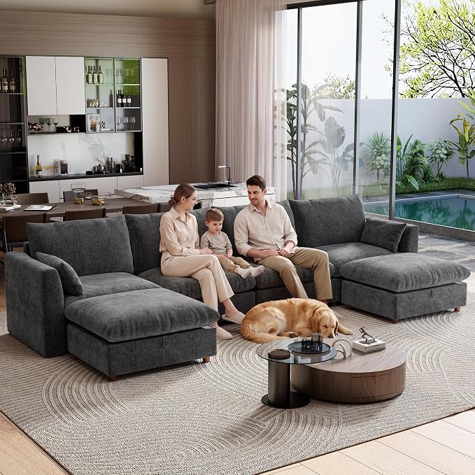 Ihanherry 152" Oversized Modular Sectional Sofa, Modern U Shaped Cloud Couch with 2 Storage Ottoman, 6-Seat Comfy Chenille Deep Seat Sofa with 2 Pillows for Living Room, Grey