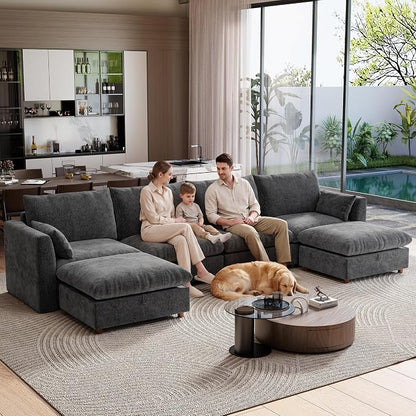 Ihanherry 152" Oversized Modular Sectional Sofa, Modern U Shaped Cloud Couch with 2 Storage Ottoman, 6-Seat Comfy Chenille Deep Seat Sofa with 2 Pillows for Living Room, Grey