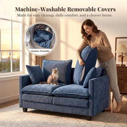 Loveseat Sofa with Cloud 3-Layer Cushion & 27" Deep Seat, Modern Small Couch with 2 Washable Pillows for Small Spaces, Bedroom, Apartment, Office, Living Room, in a Box, 50-Inch Blue