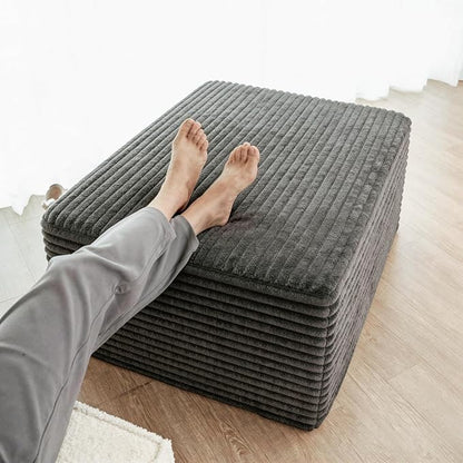 37.4" Charcoal Plush Corduroy Ottoman, Upholstered Cloud Ottoman for Boneless Couch in a Box, Modular Sectional Couches for Living Room Bedroom, Compressed Memory Foam, No Assembly Require, Dark Grey