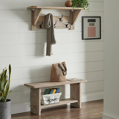 Alaterre Furniture Bethel Wall Mounted Coat Rack & Bench Set – Rustic 40-Inch Entryway Organizer with 5 Coat Hooks, Solid Wood Seat & Storage Shelves for Mudroom or Foyer (Driftwood Finish)