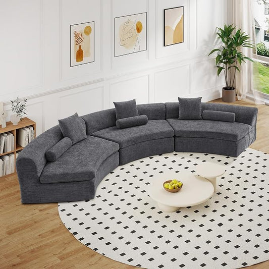 AVZEAR Curved Modular Sectional Sofa, Chenille Upholstered Cloud 3 Seater Couch for Living Room, No Assembly Modern Love Seat Sofa with 3 Bolster Pillows & 3 Square Pillows, High-Density Foam, Gray