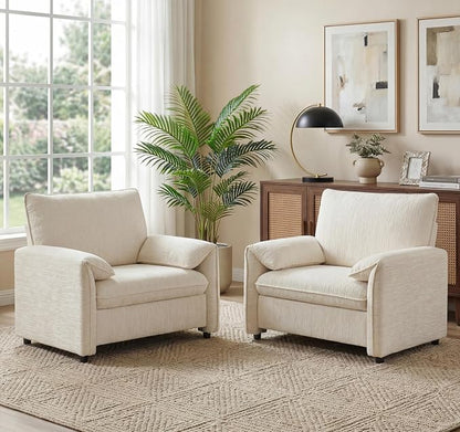 Oversized Accent Chairs Set of 2, 41 inch Modern Armchair for Living Room, Wide Reading Chair w/Deep Seat Springs Cushion, Padded Arms, Chenille Single Sofa Chair for Bedroom, Apartment, Beige