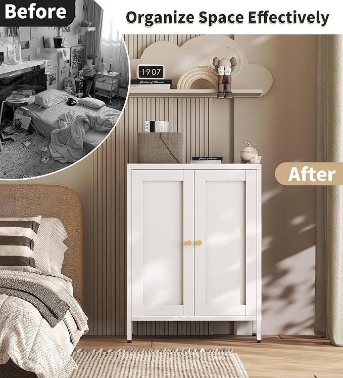 White Metal Storage Cabinet with 2 Doors - 31.5''H Bathroom Floor Storage Cabinet, 3 Tier Locker with Adjustable Shelves, Bathroom Cabinet for Office, Home, Living Room, Kitchen