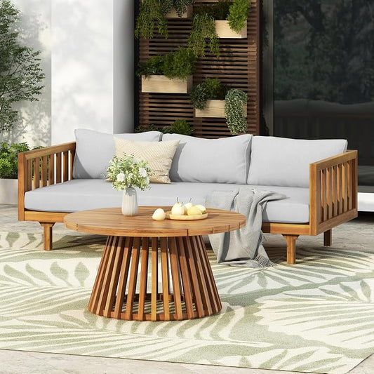 Merax Outdoor Acacia Wood Conversation Set - Patio 3-Seat Loveseat Sofa w/Coushion and Round Coffee Table for Backyard, Lawn, Balcony, Teak+Light Gray